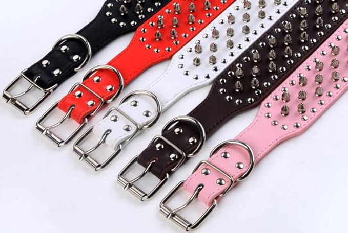 Serijoars Spiked Studded Dog Collar, PU Leather Dog Collar, Adjustable Pet Collars for Medium or Large Breed Pet (L, Hot Pink)