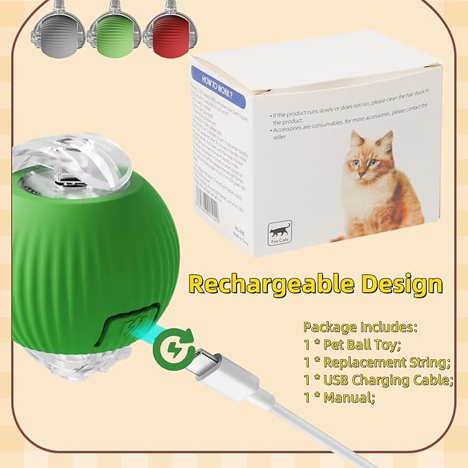 Interactive Dog Cat Toy Ball, Automatic Moving Bouncing Rolling, with Replacement Tail, Pet Smart Chase Ball Rechargeable, Enrichment Toys for Bored Indoor Adult Cats/Dogs (Grey)