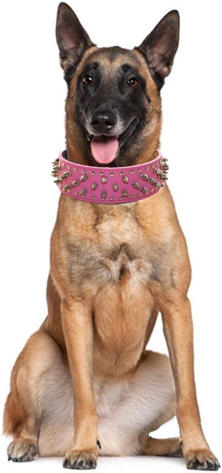 Serijoars Spiked Studded Dog Collar, PU Leather Dog Collar, Adjustable Pet Collars for Medium or Large Breed Pet (XL, Light Brown)
