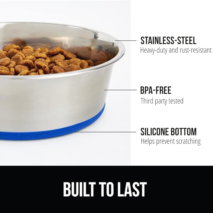 GORILLA GRIP Dog Bowls, Holds 4 Cups Each (32 fl oz), Heavy Duty Stainless Steel Food and Water Bowl for Feeding Dogs and Cats, Dishwasher Safe, Rust Resistant, BPA Free Rubber Base, Set of 2 Blue