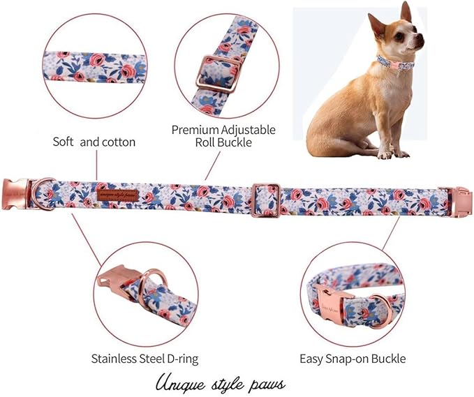 Unique Style Paws Dog Collar With Metal Buckle - Red Rose Flower Gift for Small, Medium, Large Boys Girls Dogs - Durable and Cute