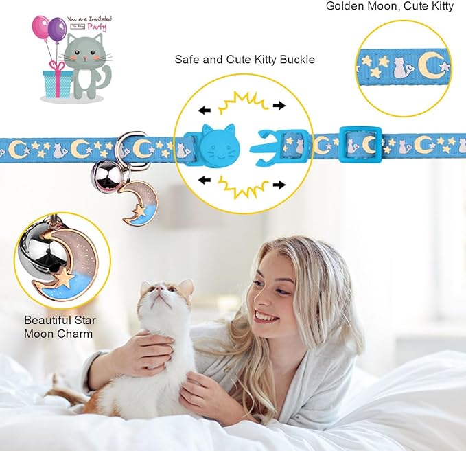 2PCS Breakaway Cat Collars with Bell Cute Kitty Glow in The Dark Adjustable Kitten Collars 7.9-13.0 Inch(Sky Blue&Black)
