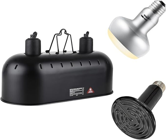 DXOPHIEX Dual Reptile Light Fixture,Reptile Heat Lamp Fixture with 150W Intense Basking Bulb&Ceramic Heat Emitter,Double Dome Heat Lamp for Lizard,Gecko,Bearded Dragon,Tortoise,Snake,Chameleon