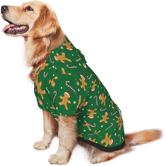 Green Christmas Gingerbread Men Candies Hoodie,Christmas Cosplay Dog Clothes with Pocket and Hat Winter Clothes Sweaters X-Large