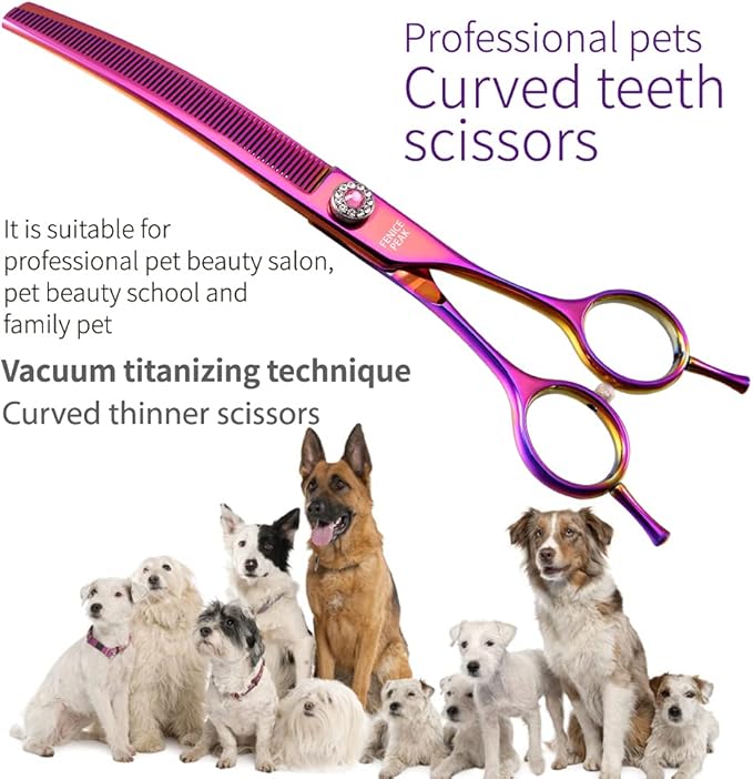 Fenice Peak Professional Dog Grooming Scissors Pet Curved Thinning Shears 7.0'' Extremely Sharp Blades 440C Thinning Scissors Durable Smooth Motion & Fine Cut for Dogs and Cats (Multicolored)