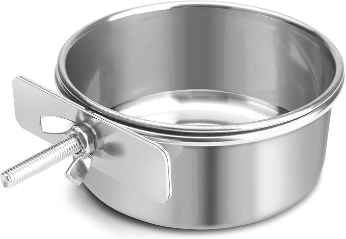 Bird Cage Feeder, Bird Feeder for Cage, 10oz Stainless Steel Food Water Bowl with Clamp, Clip-On Cage Coop Cup for Parrot Hamster Rabbit Rat Small Animals