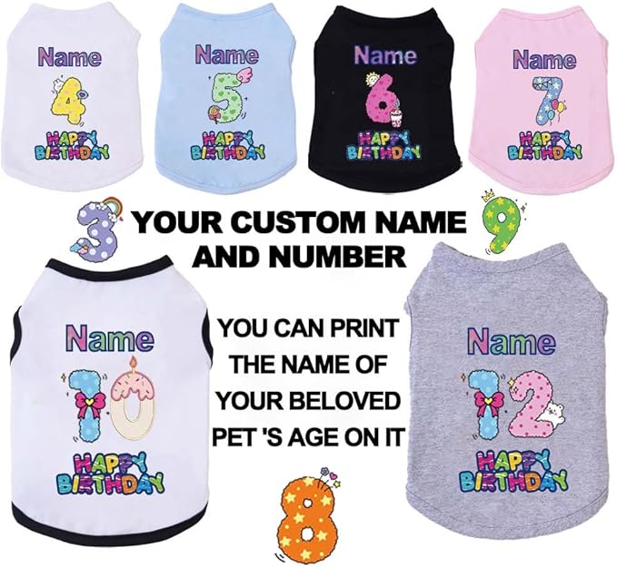 Custom Dog Birthday Shirt,Personalized Pet Apparel Print with Name Age Number,Pet Birthday Outfit,Lightweight Breathable Cotton Vest for Small Medium Large Dogs Cat (Black, XX-Large)