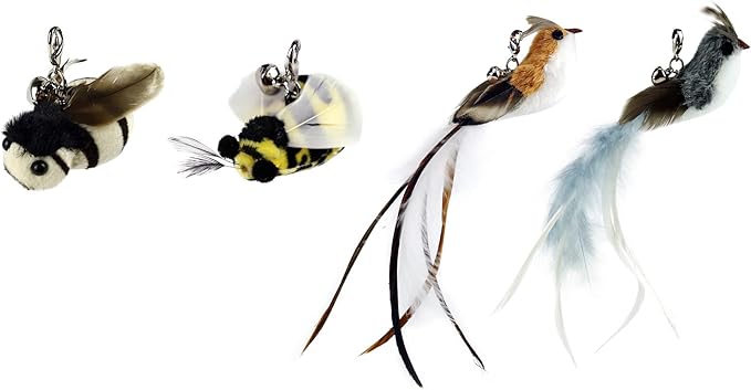 TTcat Cat Toy Replacement Cat Toy Refills, 4 Pcs Simulation Insects and Bird Feathers Refills, cat Wand Toy attachments for Cat Wand.