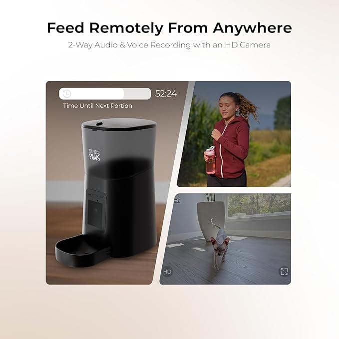 Smart HD Cat Feeder, 2 Way Audio + Voice Recording, Automatic Feeder for Dog with 1080p Night Vision Camera, WiFi App Controlled, Battery Backup, Anti Jam 6L Upto 15 Daily Meals, Black