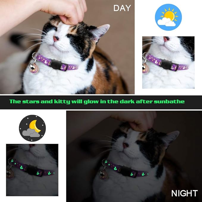 2PCS Breakaway Cat Collars with Bell Cute Kitty Glow in The Dark Adjustable Kitten Collars 7.9-13.0 Inch(Purple&Black)