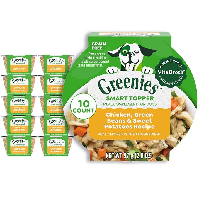 Greenies Smart Topper High Protein Wet Mix-in for Dogs, Chicken, Green Beans & Sweet Potatoes Recipe in Vitabroth Broth - Bone Broth + Vitamins E & B1, 10 Count