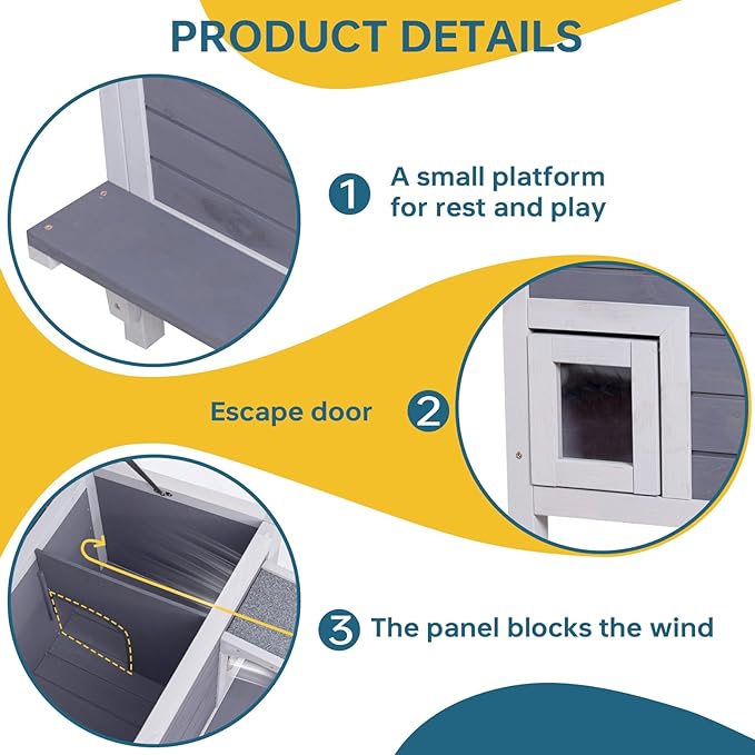 GEGURI Insulated Cat House Outdoor Weatherproof Feral Cat Shelter for Winter Large Wooden Enclosure with Escape Door