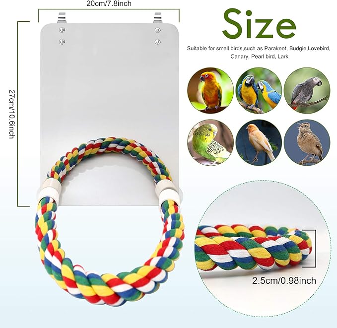BWOGUE Large Stainless Steel Bird Mirror with Rope Perch Cockatiel Mirror for Cage Bird Toys Swing Parrot Cage Toys for Parakeet Cockatoo Cockatiel Conure Lovebirds Finch Canaries (10.6 Inch)