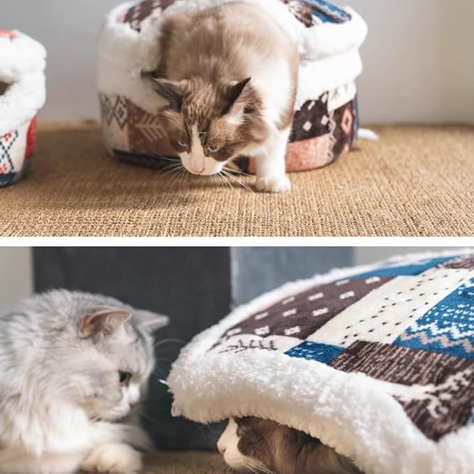 Cat Cave Bed – Plush, Warm & Calming Hideaway with Detachable Lid & Mat, Covered House for Indoor Kitten & Kitty (Yellow)