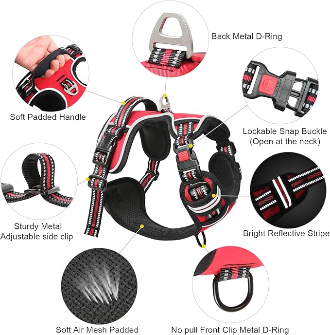 Timos Dog Harness Medium Sized, No Pull with Neck Lockable Snap,No Choke Front Clip Dog Reflective Harness,Adjustable Metal Rings 3 Buckles,Easy Control Handle for Medium Dogs Red M