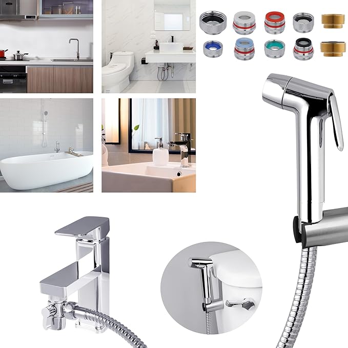 Hibbent Sink Faucet Hose Sprayer Attachment with 10 Adapters - Dual Function Handheld Bidet, Rinser & Shower Head - for Feminine Hygiene, Baby Diaper Cleaning & Pet Bathing