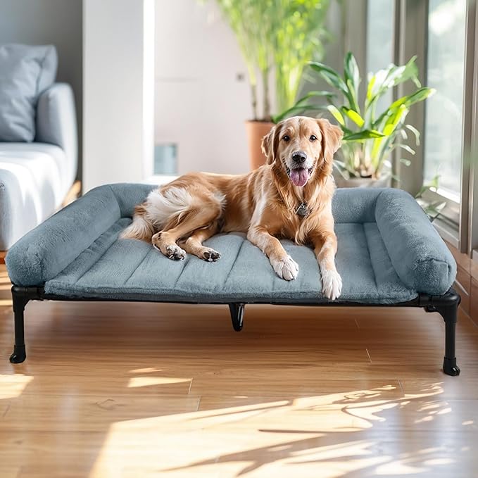 Veehoo Cooling Elevated Dog Bed with Fluffy Plush Bolster Cushion, Indoor Raised Dog Beds for Large Dogs, Soft Pet Sofa Cot with Removable Washable Mat, No-Slip Feet, 49 x 33 inches, Haze Blue