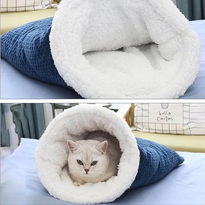 Cozy Cat Winter Sleeping Bag - Self-Warming 360 Wrap Cave Bed, Soft Plush Large Sack for Indoor Cats (B)