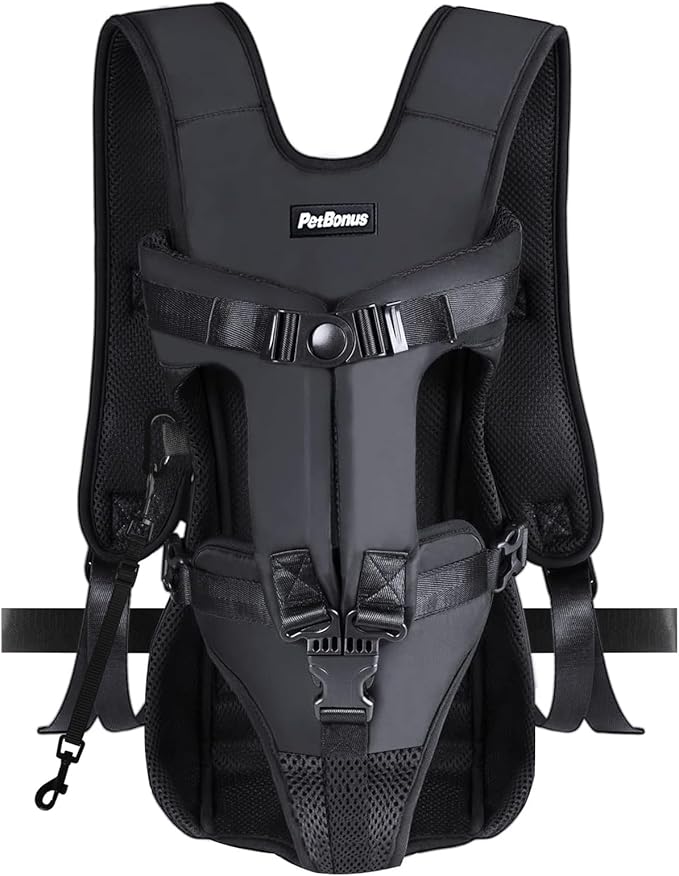 PetBonus Pet Front Dog Carrier Backpacks, Adjustable Pet Backpack, Legs Out Easy-fit Puppy Chest Carrier for Medium Small Dogs, Hands Free for Hiking, Cycling (Black, M)