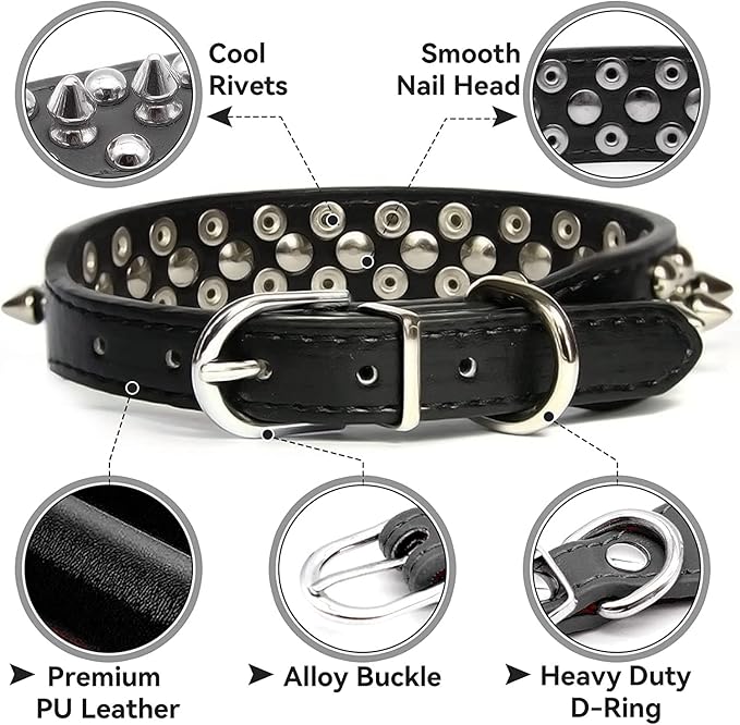Spiked Dog Collar Soft Pu Leather Mushrooms Rivet Spike Studded Puppy Adjustable Pet Collars for Small Breeds (S, Pink)