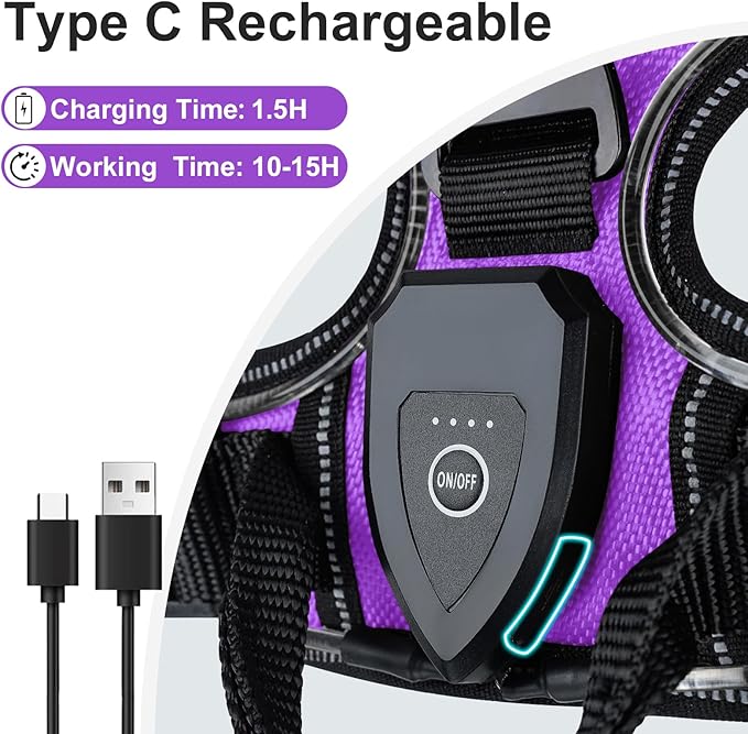 Taglory Light Up Dog Harness, Rechargeable No Pull Dog Vest with 3 Lightning Modes, Reflective Dog Harness with 2 Leash Clips & 4 Adjustable Slide Strips for Medium Dogs, Purple-Orange, M