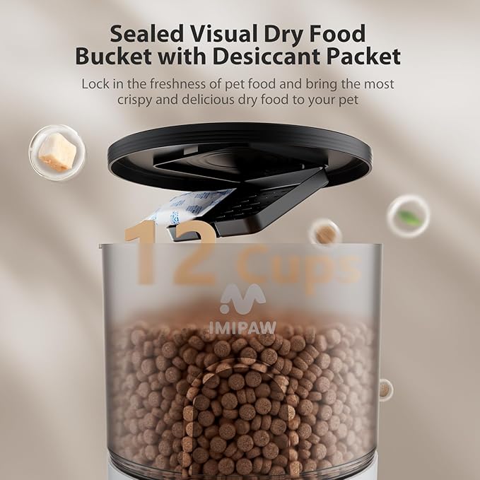 IMIPAW Automatic Cat Feeder, 3L Timed Dry Food Dispenser with Desiccant, Programmable Portion Control, Dual Power Backup, 10 Meals Daily, 15 Portions Per Meal, Suitable for Small Pets, Easy Setup
