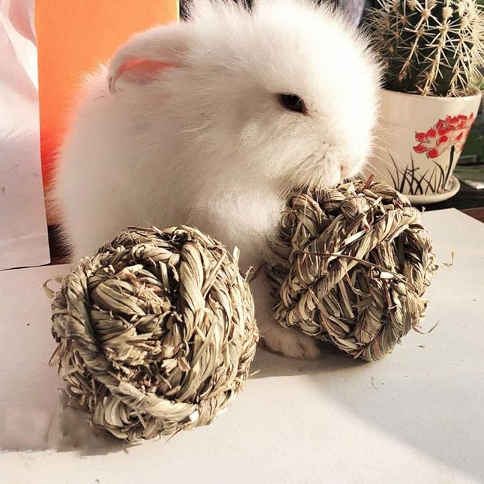 Rabbit Chew Ball Timothy Grass Grinding Small Animal Activity Play Chew Toys for Bunny Rabbits Hamster Guinea Pigs Gerbils (5 PCS)