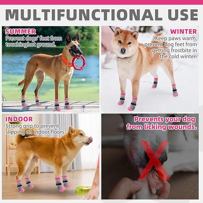 KOOLTAIL Dog Socks to Prevent Licking Paws for Hardwood Floors Anti Slip, Winter Warm Pet Boots&Paw Protector with Grippers, Double Sides Dog Shoes Booties for Small Medium Large Senior Dogs Pink L