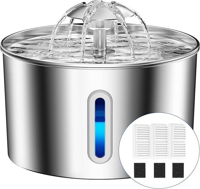Cat Water Fountain Stainless Steel - 74oz/2.2L Corded Pet Water Dispenser Automatic Silent Cats Dispenser for Drinking Inside Indoor Metal Kitty Spout Fountain with 3 Filters & 3 Sponges