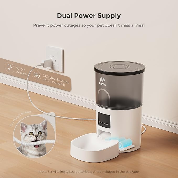 IMIPAW Automatic Cat Feeder, 3L Timed Dry Food Dispenser with Desiccant, Programmable Portion Control, Dual Power Backup, 10 Meals Daily, 15 Portions Per Meal, Suitable for Small Pets, Easy Setup