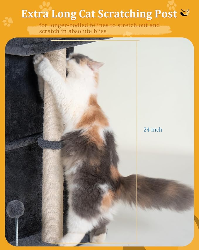 24in Cat Tree Tower with Scratching Post, 19 * 16.5in Window Perch for Large Cats, 2 Cat Condo Cubbies for Indoor Kittens, Dark Gray