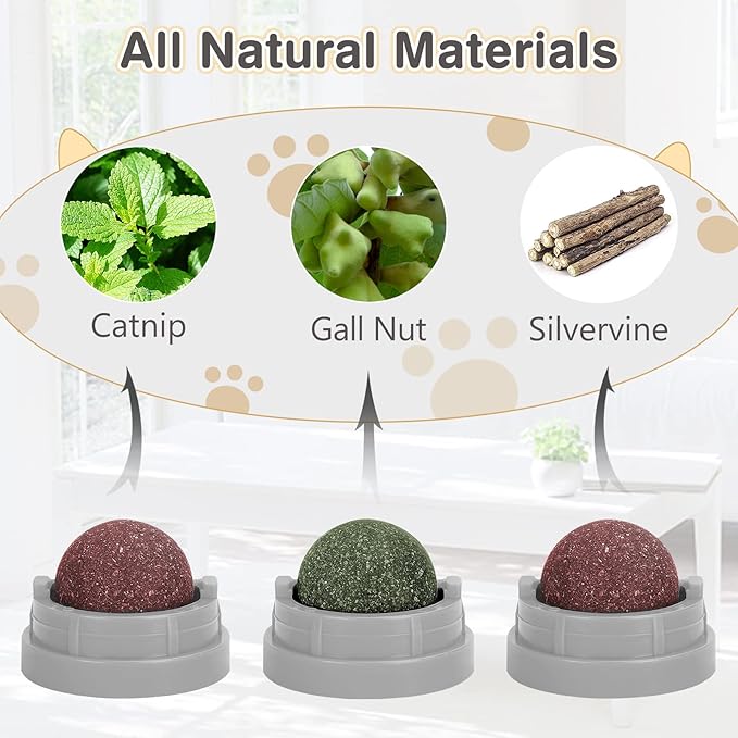 3 Pack Catnip Balls, Catnip Ball for Cats Wall, Edible Kitty Toys for Cats Lick, Safe Healthy Kitten Chew Toys, Teeth Cleaning Dental Cat Toys, Cat Wall Treats (Grey)