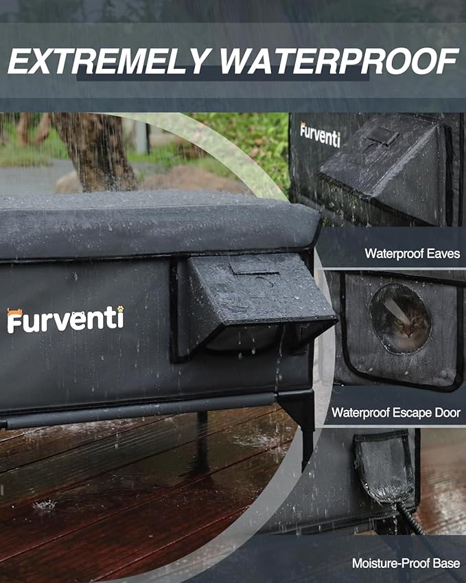 Outdoor Heated Cat House in Winter,Extremely Insulated & Weatherproof,Elevated Feral Cat Shelter with Waterproof Eaves & Escape Door for Outside Stray Barn Cat (Dark Grey,S)