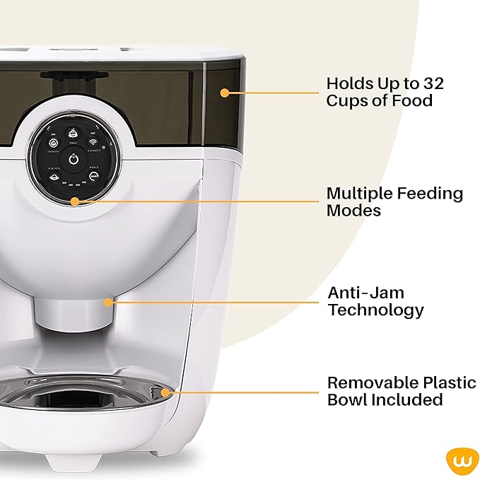 Feeder-Robot by Whisker, White with Smoke-Grey Hopper; Smart, Automatic Pet Feeder, Feed Your Cat or Dog from Anywhere, Designed & Assembled in USA