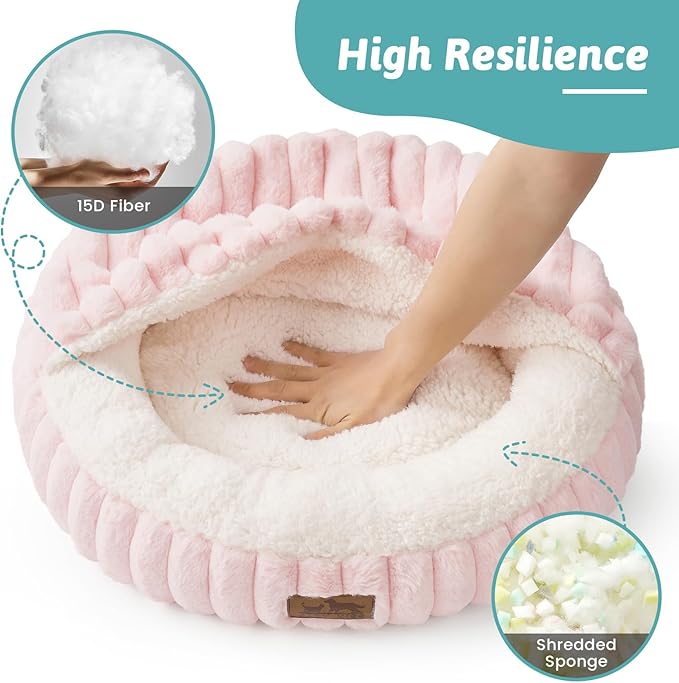 Dog Bed with Hooded Blanket, Round Fluffy Anti-Anxiety Pet Bed for Medium Dogs & Large Dogs, Cozy Donut Cuddler with Machine Washable Faux Fur & Anti-Slip Bottom(35"×35"×7",Pink)