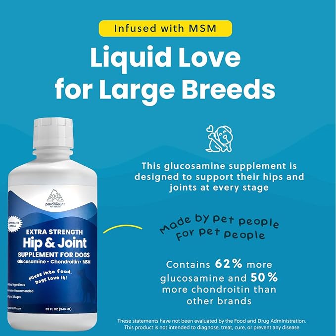 Concentrated Liquid Glucosamine for Large Dogs, Infused with MSM, 5200mg Chondroitin & Glucosamine Liquid for Dogs Hip & Joint Supplement for Mobility & Comfort, 32 oz