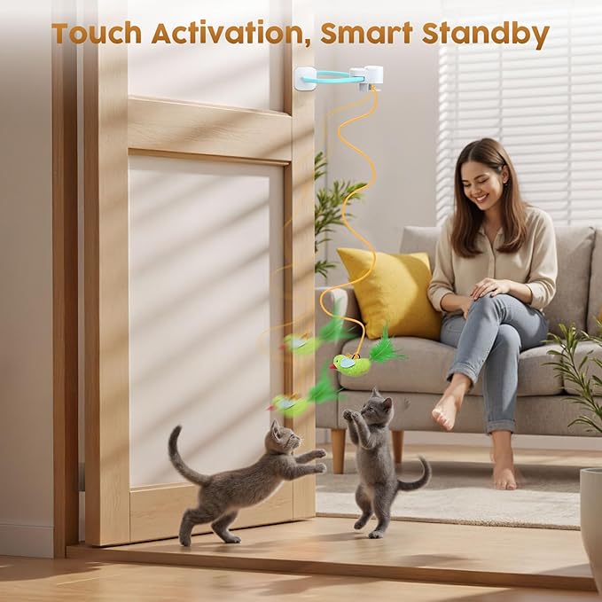 Interactive Cat Toys for Indoor Cats: Automatic Flying Bird Feather Wand Chase Exercise Enrichment Stimulation, USB Rechargeable Durable Safe Hanging Toy for Bored Kittens Adult Multi Cat Households
