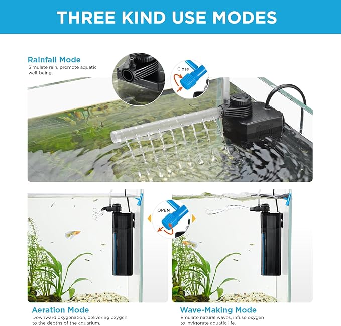 Internal Fish Tank Filter, 3W Adjustable Water Flow Submersible Aquarium Filter Pump for 5~10 Gallon Freshwater Saltwater, 2 Mode Aeration & Rainfall, TE-100(50GPH)