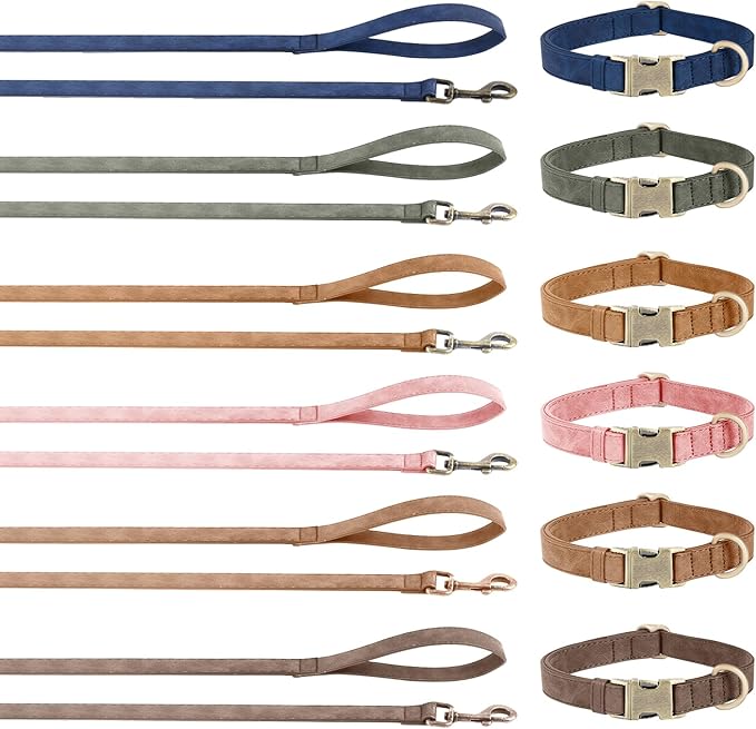 Genuine Leather Dog Collar - Adjustable Pet Collar with Quick Release Metal Buckle, Soft Skin Friendly Real Leather Collar for Small, Medium, Large Dogs (Brown Collar + Rope, L：Fit 15-23" Neck)