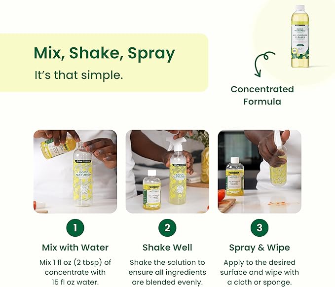 Good Natured Brand All-Purpose Cleaner Concentrate | Multi-Surface Cleaner | Natural Lemon Essential Oil | Multipurpose Cleaner Concentrate All Surfaces | Lemon Love | 16oz makes 256oz