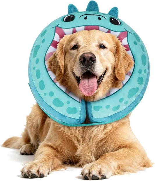 IEUUMLER Inflatable Recovery Dog Collar, Protective Donut Cone, Adjustable Soft Collar for Dog and Cat After Surgery Prevent from Biting & Scratching EU002 - Teal Dinosaur L+