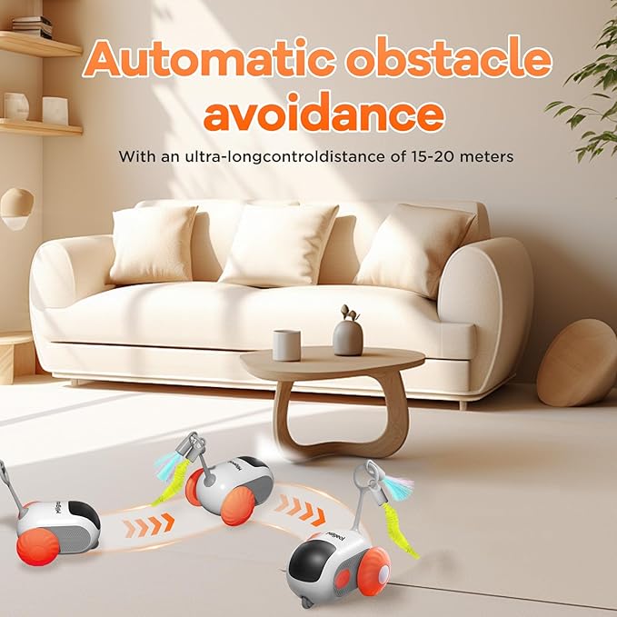 Turbo Tail 3.0 Interactive Cat Toy - Smart Remote Control Electric Mouse with Feathers, 3 Play Modes (Smart/Manual/Standby), Auto Obstacle Avoidance, Type-C, 8H Playtime - Orange (2 PCS)