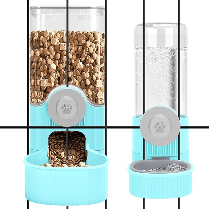 Yummy Sam Hanging Cage Automatic Small Pet Food Bowl Water Bottle Dispenser, Detachable Auto Gravity 1.2L Self-Feeding Feeder and 0.52L Waterer Set Kennel Feeding Station for Puppy Cats(Sky Blue)