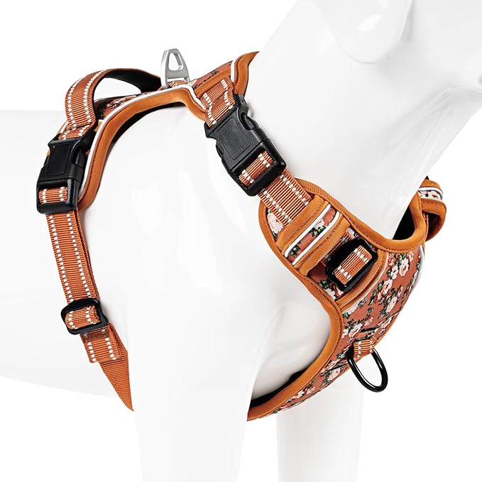 Timos Dog Harness, No Pull Dogs Harness 3 Snap Buckles Adjustable Reflective No Choke Pet Vest for Small Dog with Soft Padded Control Training Handle for Outdoor Training,Flower Orange, XS