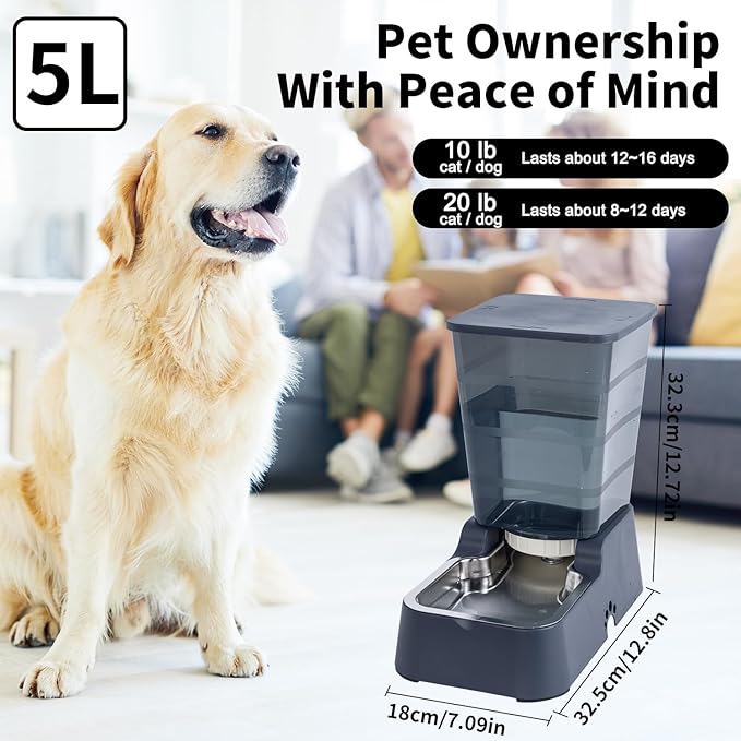 Meikuler Pets Auto Feeder 5.2L,Food Feeder and Water Dispenser Set for Medium & Large Dogs Cats and Pets Animals (Navy)