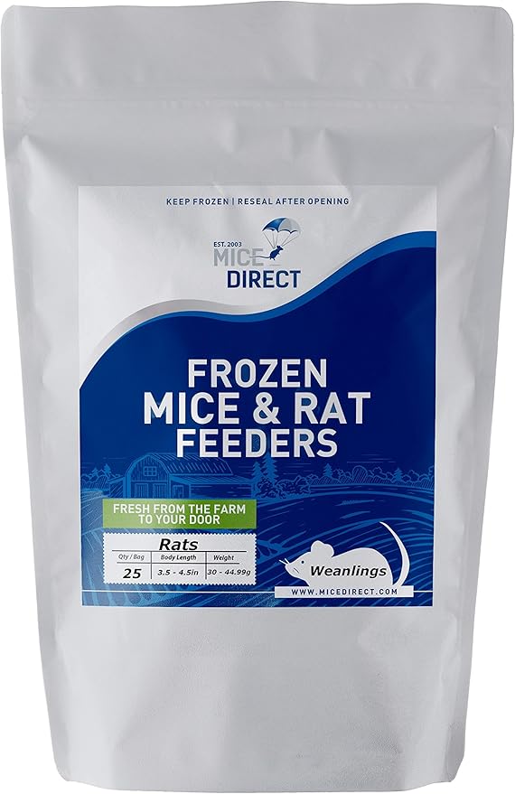 MiceDirect 25 Weanling Rats: Pack of Frozen Weanling Feeder Rats - Food for Corn Snakes, Ball Pythons, Lizards and Other Pet Reptiles - Freshest Snake Feed Supplies