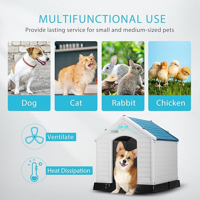 DEStar Durable Waterproof Plastic Pet Dog House Indoor Outdoor Puppy Shelter Kennel with Air Vents and Elevated Floor (Medium - 28" Height)
