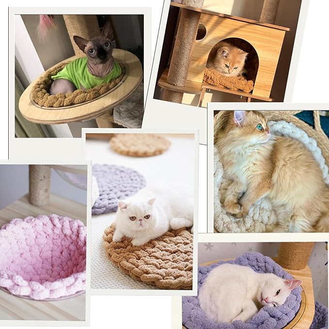 Cat Knitted Bed Mat, Extra-Soft Washable Warm Round Pads Cushions for Indoor Kittens, Cat Trees Towers, Perfect for Kneading and Sleeping (Yellow,Small)