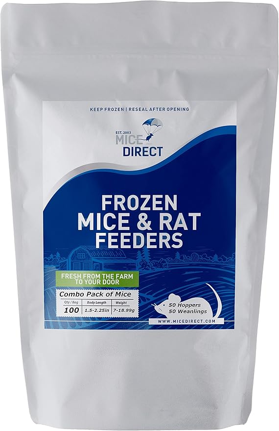 MiceDirect 100 Frozen Mice Combo Pack of 50 Hoppers and 50 Weanling Feeders Snake Food for Juvenile Ball Python Adult Milk Corn Snakes (1.5-2.5 in)(Pack of 100)(1000 Grams Min)