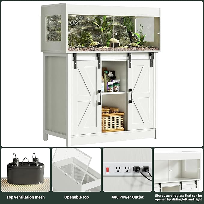40 Gallon Reptile Terrarium with Stand, Reptile Tank with Barn Door and Storage, Vivarium with Acrylic Doors, Ventilated Mesh Top & Power Outlet, for Geckos, Lizards, Snakes White PX06RTW